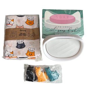 NWT Chef Kitties Cat Lady Dish Towel Cat Soap Dish & 3 Magnet Kitty Chip Clips